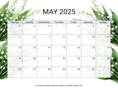 Free Printable Lily of the Valley May 2025 Calendar (Monday Start)