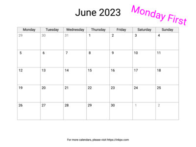 Printable Blank June 2023 Calendar (Monday First)