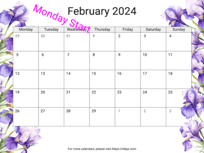 Printable Irises February 2024 Calendar(Monday Start)