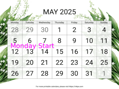 Free Printable Large Lily of the Valley May 2025 Calendar (Monday Start)