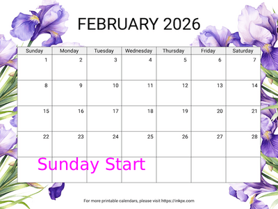 Free Printable Irises February 2026 Calendar (Sunday Start)