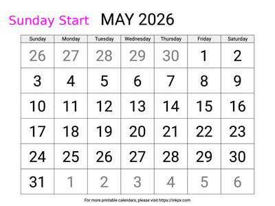 Free Printable Large May 2026 Calendar (Sunday Start)