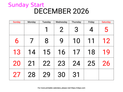 Free Printable Large Weekend Highlighted December 2026 Calendar (Sunday Start)