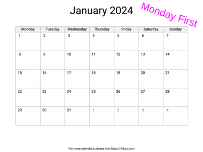 Printable Blank January 2024 Calendar (Monday First)
