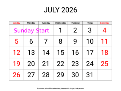 Free Printable Large Weekend Highlighted July 2026 Calendar (Sunday Start)