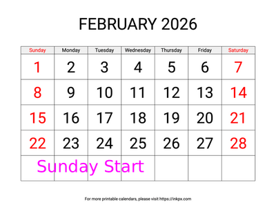 Free Printable Large Weekend Highlighted February 2026 Calendar (Sunday Start)