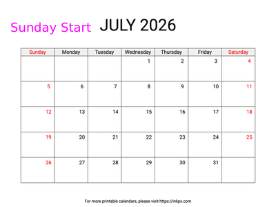 Free Printable Weekend Highlighted July 2026 Calendar (Sunday Start)