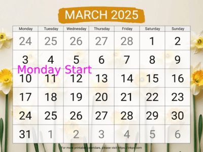 Free Printable Large Daffodil Background March 2025 Calendar (Monday Start)