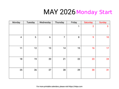 Free Printable Weekend Highlighted May 2026 Calendar (Monday Start)