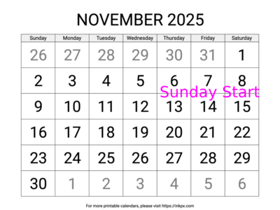 Free Printable Large November 2025 Calendar (Sunday Start)