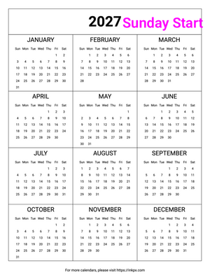 Free Printable Minimalist Table 2027 Calendar (Sunday Start)