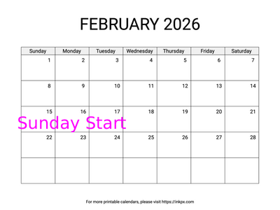 Free Printable Simple February 2026 Calendar (Sunday Start)