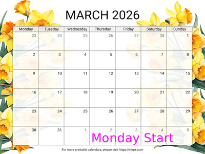 Free Printable Daffodil March 2026 Calendar (Monday Start)