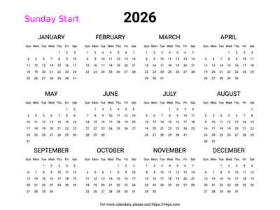 Free Printable Minimalist 2026 Yearly Calendar (Landscape, Sunday Start)