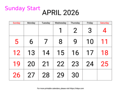 Free Printable Large Weekend Highlighted April 2026 Calendar (Sunday Start)