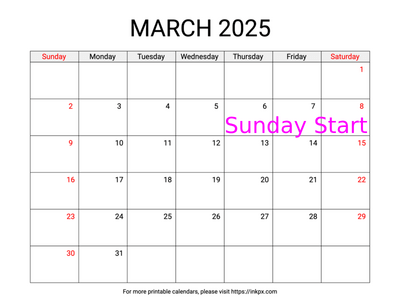 Free Printable Weekend Highlighted March 2025 Calendar (Sunday Start)