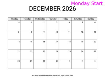 Free Printable Simple December 2026 Calendar (Monday Start)