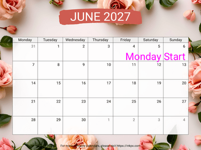 Free Printable Rose Background June 2027 Calendar (Monday Start)