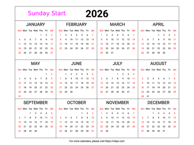 Free Printable Weekend Highlight Table 2026 Calendar (Landscape, Sunday First)