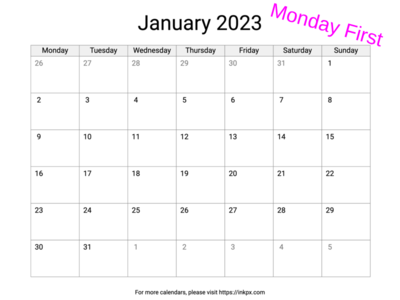Printable Blank January 2023 Calendar (Monday First)