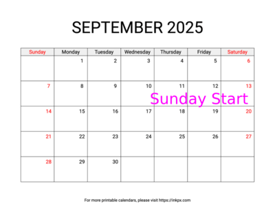 Free Printable Weekend Highlighted September 2025 Calendar (Sunday Start)