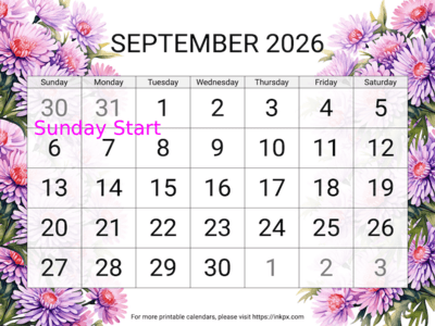 Free Printable Large Aster September 2026 Calendar (Sunday Start)