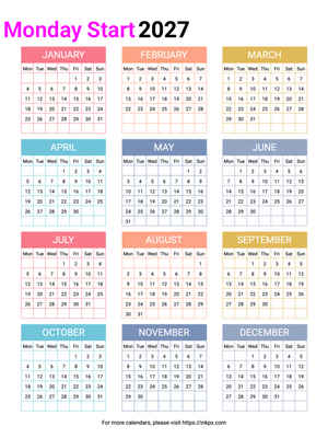 Free Printable Minimalist Colorful 2027 Yearly Calendar (Monday Start)