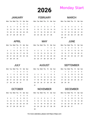 Free Printable Minimalist 2026 Yearly Calendar (Monday Start)
