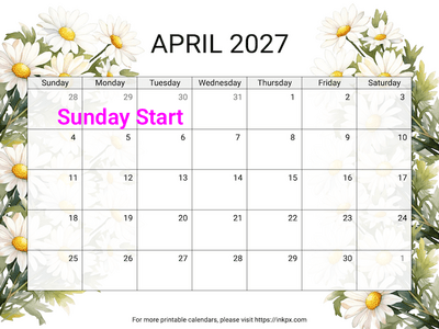 Free Printable Daisy April 2027 Calendar (Sunday Start)