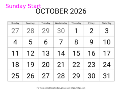 Free Printable Large October 2026 Calendar (Sunday Start)