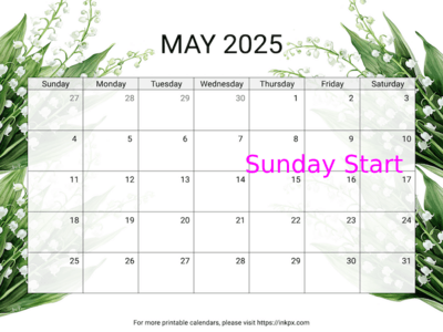 Free Printable Lily of the Valley May 2025 Calendar (Sunday Start)