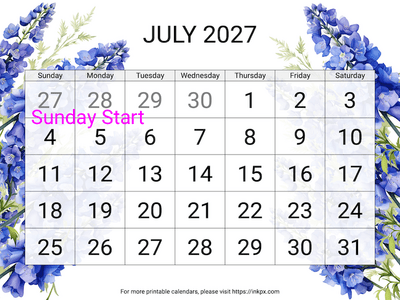 Free Printable Large Font Delphinium July 2027 Calendar (Sunday Start)