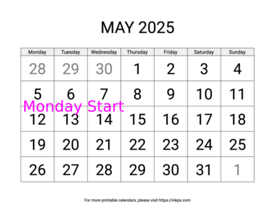 Free Printable Large May 2025 Calendar (Monday Start)