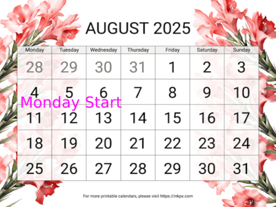 Free Printable Large Gladiolus August 2025 Calendar (Monday Start)