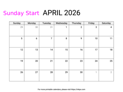 Free Printable Simple April 2026 Calendar (Sunday Start)