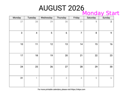 Free Printable Simple August 2026 Calendar (Monday Start)