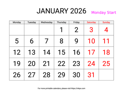 Free Printable Large Weekend Highlighted January 2026 Calendar (Monday Start)