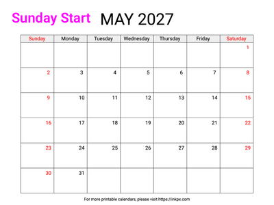 Free Printable Weekend Highlighted May 2027 Calendar (Sunday Start)