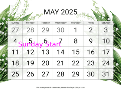 Free Printable Large Lily of the Valley May 2025 Calendar (Sunday Start)