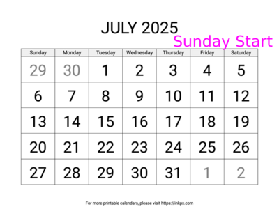 Free Printable Large July 2025 Calendar (Sunday Start)