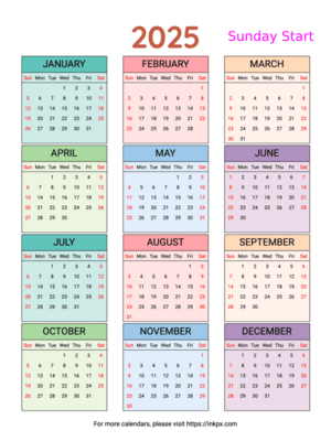 Free Printable Weekend Highlight Colorful Table 2025 Calendar (Sunday First)