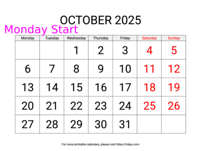 Free Printable Large Weekend Highlighted October 2025 Calendar (Monday Start)