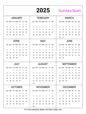 Free Printable Minimalist Table 2025 Calendar (Sunday Start)