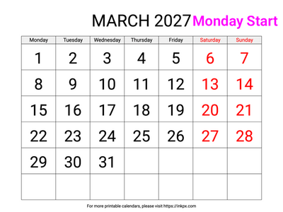 Free Printable Large Weekend Highlighted March 2027 Calendar (Monday Start)