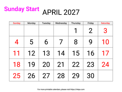Free Printable Large Weekend Highlighted April 2027 Calendar (Sunday Start)
