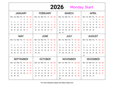 Free Printable Weekend Highlight Table 2026 Calendar (Landscape, Monday First)