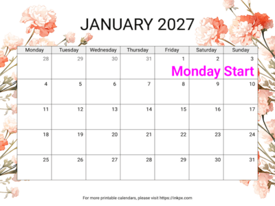 Free Printable Carnation January 2027 Calendar (Monday Start)