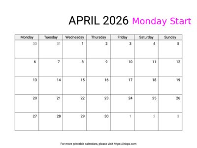 Free Printable Simple April 2026 Calendar (Monday Start)