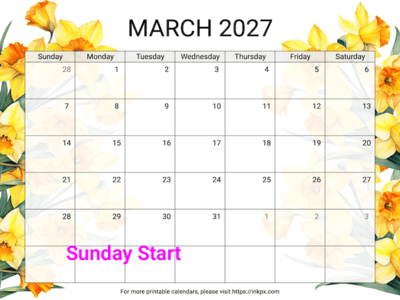 Free Printable Daffodil March 2027 Calendar (Sunday Start)
