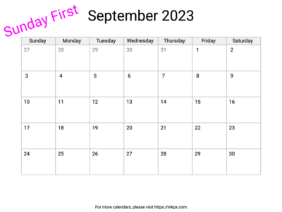 Printable Blank September 2023 Calendar (Sunday First)